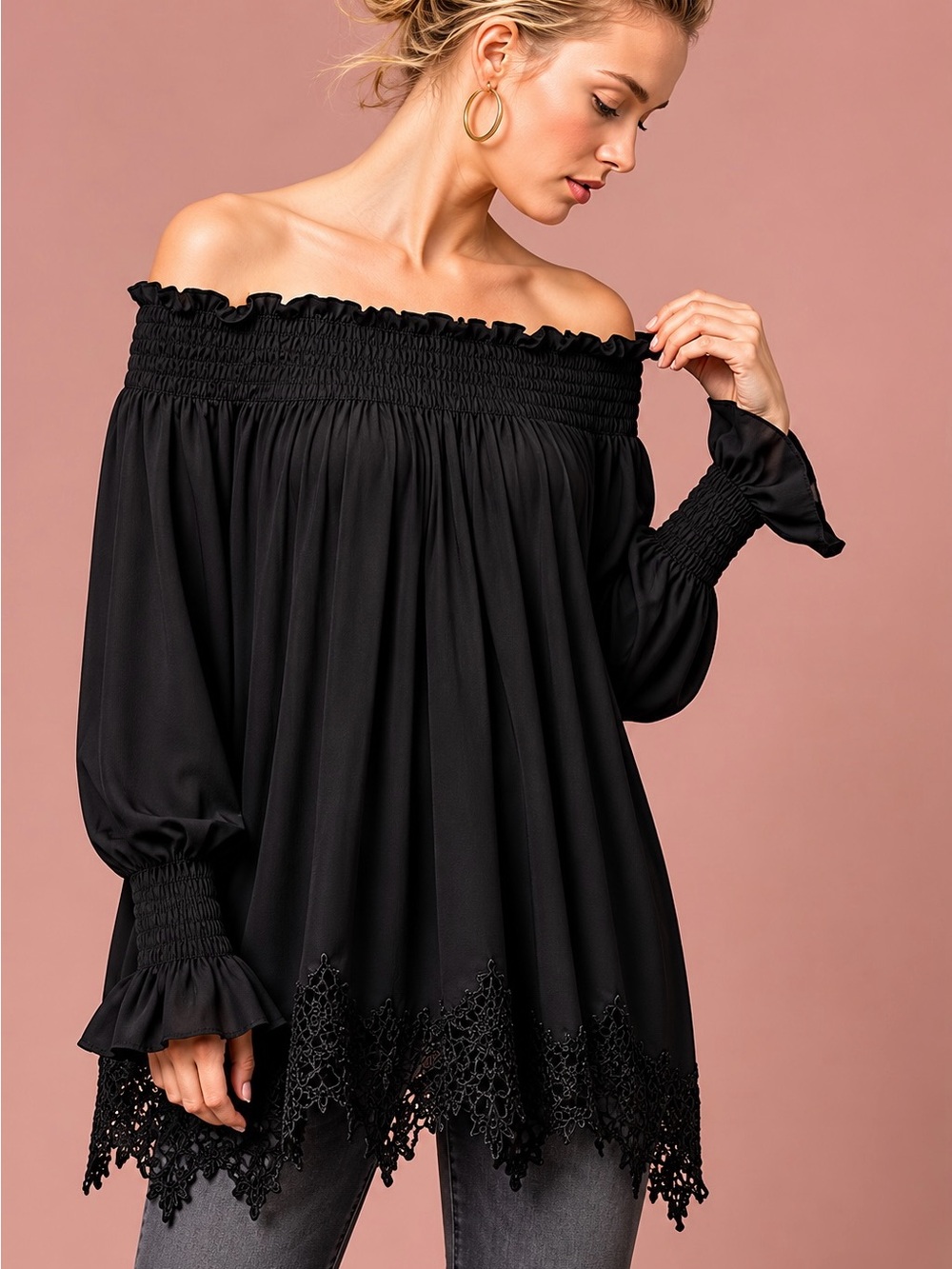 Anthropologie Eri & Ali Black Off Shoulder Lace Trim Swing Tunic Witchy Boho XS